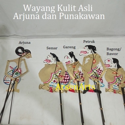 Wayang Kulit Asli Ukuran Kecil Hiasan Dinding &amp; Koleksi Bisa Dimainkan Arjuna Punakawan 1 Set 5 Pcs Kwalitas Oke