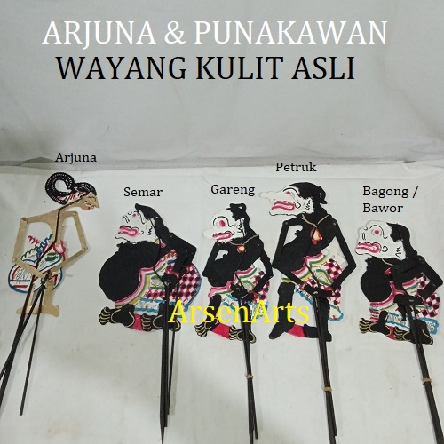 Wayang Kulit Asli Ukuran Kecil Hiasan Dinding &amp; Koleksi Bisa Dimainkan Arjuna Punakawan 1 Set 5 Pcs Kwalitas Oke