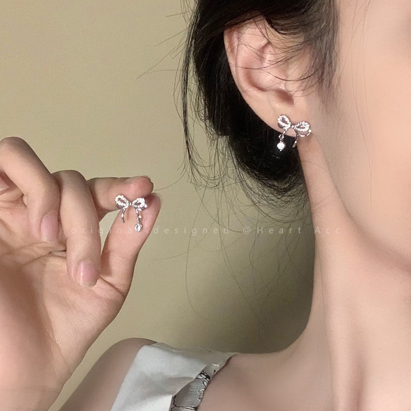 AY(CN) Kalung Anting Tusuk Busur Elegan Anting Tusuk Kristal Silver Liontin Rantai Choker Earring Untuk Aksesoris Perhiasan Wanita