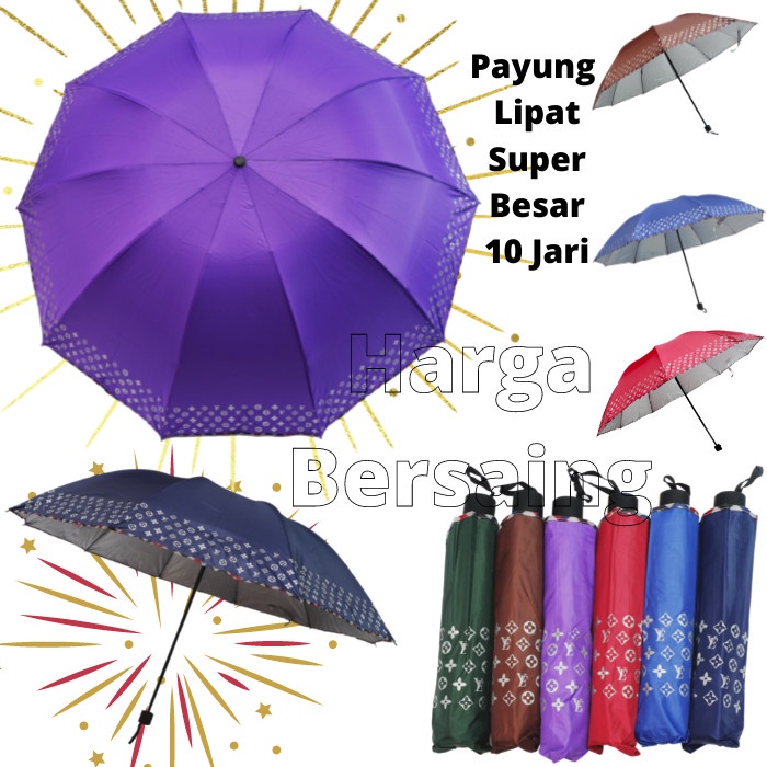 Umbrella Payung Lipat 3 Jumbo Besar 10 R Jari Motif Lv Nf 350 Kuat Kokoh