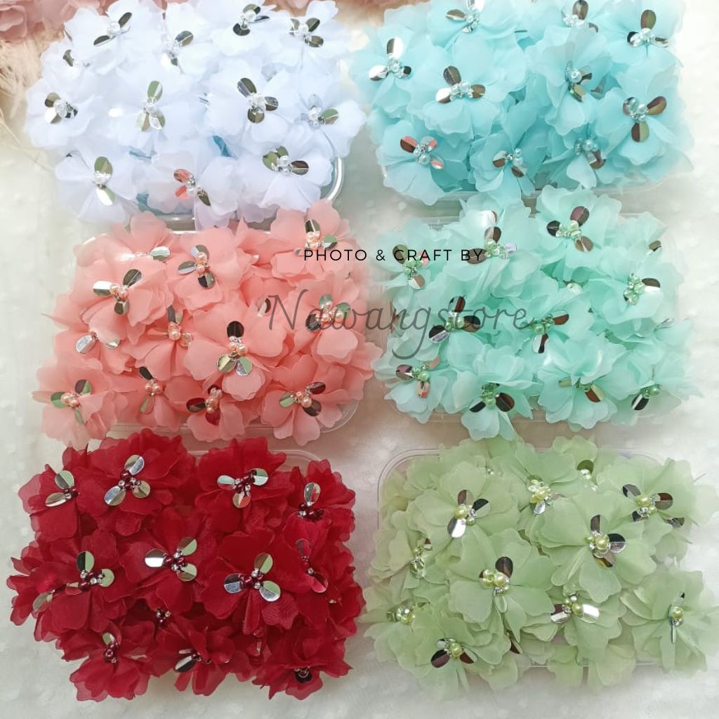 aplikasi bunga petunia organza/5cm/payet kipas/kebaya/