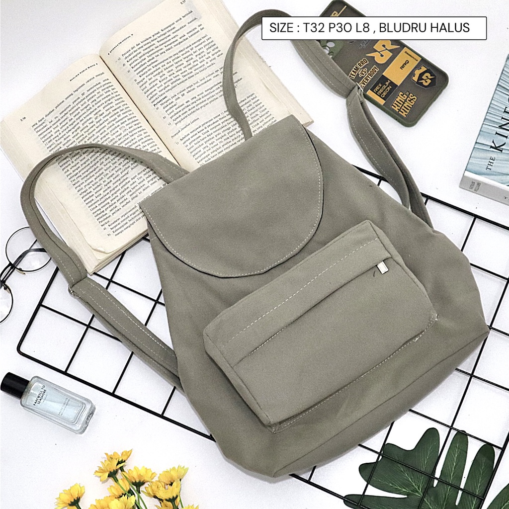 Bayar di Tempat COD Tas Ransel Serut Bahan Kanvas KANTONG Depan Ukuran Medium tas punggung wanita-Warna 708