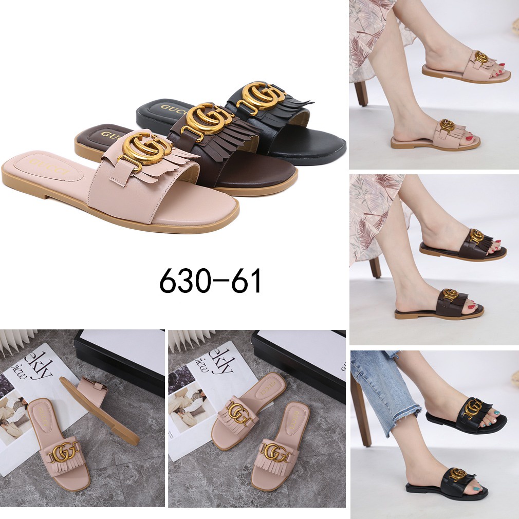 GC Fringe Leather Double-G Slide Sandals 630-61