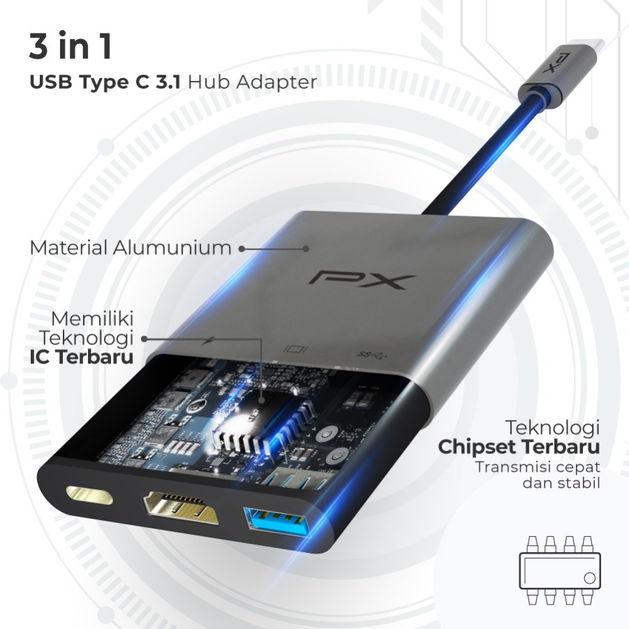 USB Hub Type C 3.1 to USB Converter Macbook Laptop 3 in 1 PX UCH03