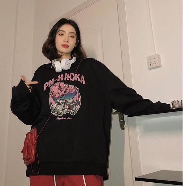 2 warna Korean Style Sweter Wanita AtasanLetters car printing kaos wanita lengan panjang