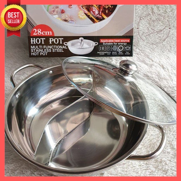 [GOS] D306-Panci Shabu 28 Cm Tutup Kaca - Panci Hotpot Steamboat Sabu 2 Sekat