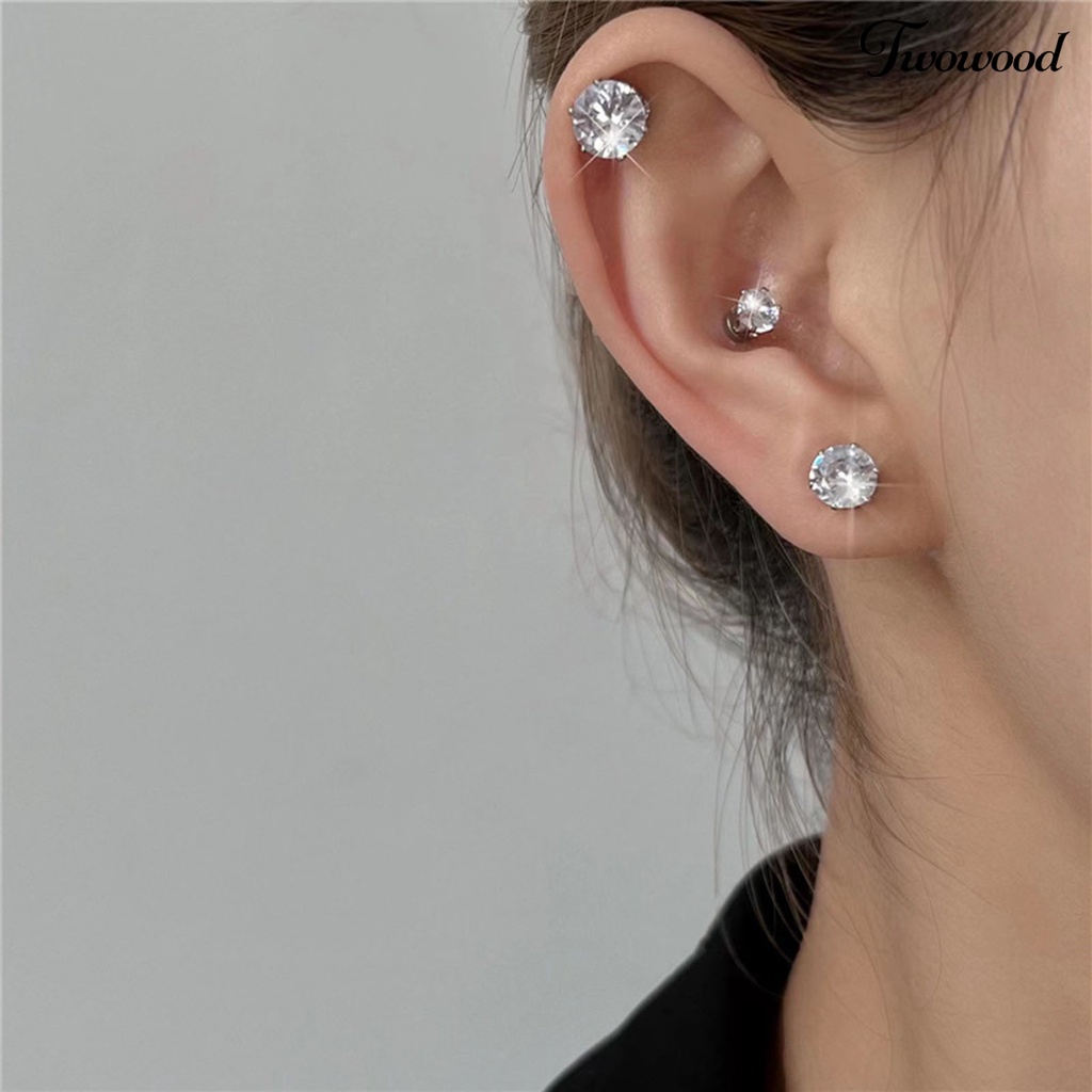 4 Pcs Anting Klip Telinga Bentuk Bulat Bahan Cubic Zirconia Gaya Korea