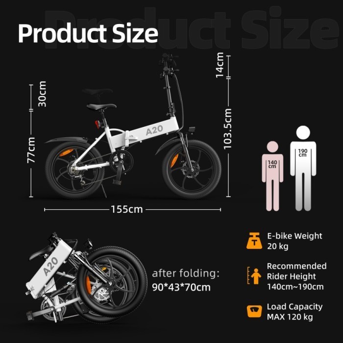 ADO A20+ Sepeda Elektrik Black Electric Bike-20 Inch Folding Ebike