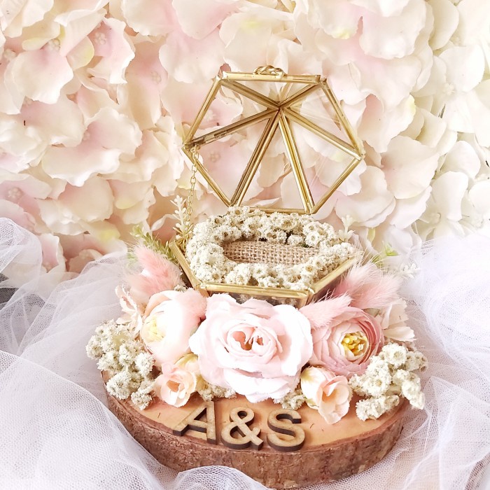 Mahar Wedding Ring Box Kotak Cincin Terarium Glass Kaca Gold Flower Tunangan