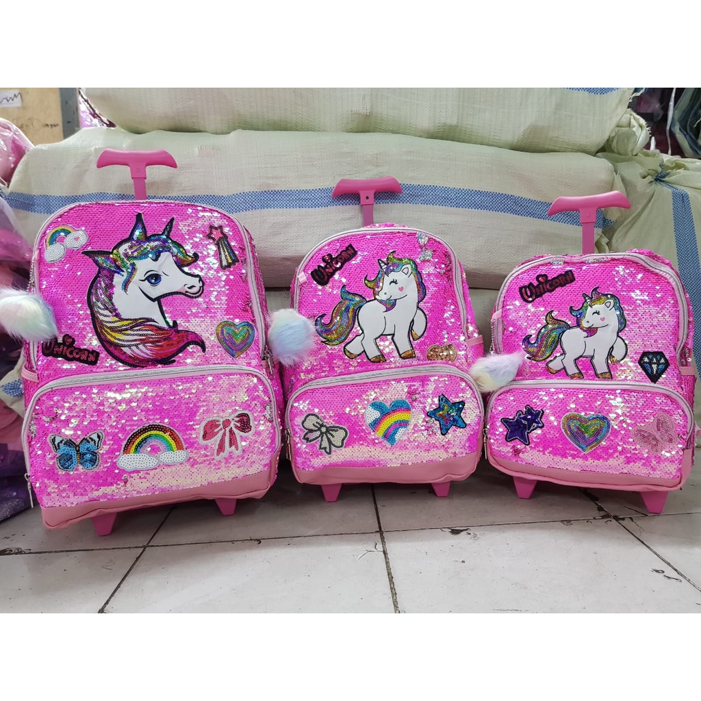 Tas Sekolah Troli Anak SD TK Paud Playgroup Tas Trolley Import Sequin Tas Koper Anak Perempuan Gambar Unicorn LOL Frozen