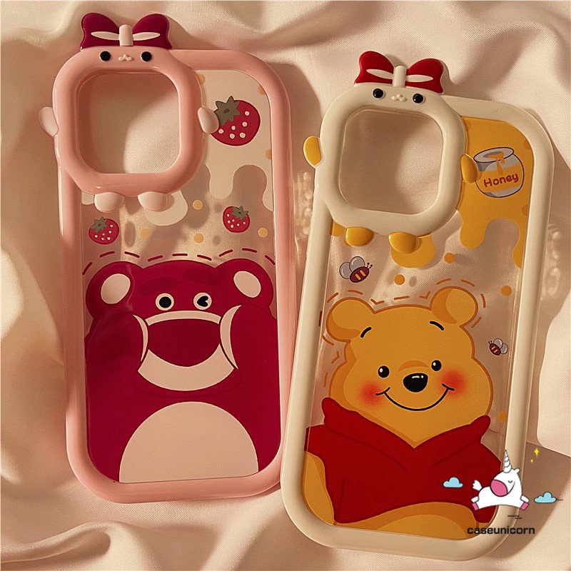 Realme C33 C1 C11 C25Y C35 C15 C21Y C31 C30 C25 C25s C21 C2 C1 C3 C17 8 8pro 7 9 9pro+8i 5 6i 9i 5s 5 7i Winnie The Pooh Strawberry Bear Kartun 3D Bow Little Monster Lens Lembut Case Tempat Kotak Makan