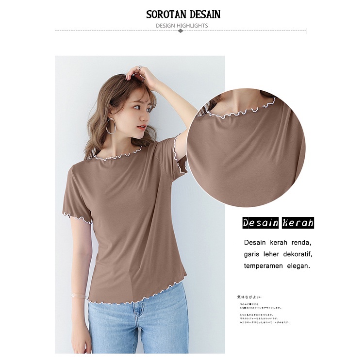 UNINICE T-shirt lengan pendek Ruffle modal Jepang 7 warna, atasan kasual dan serasi/Pakaian rumah, pakaian santai