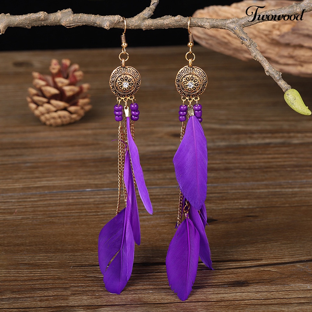 1 Pasang Anting Rantai Panjang Rumbai Bulu Electroplating Gaya Bohemian Etnik Vintage Untuk Wanita