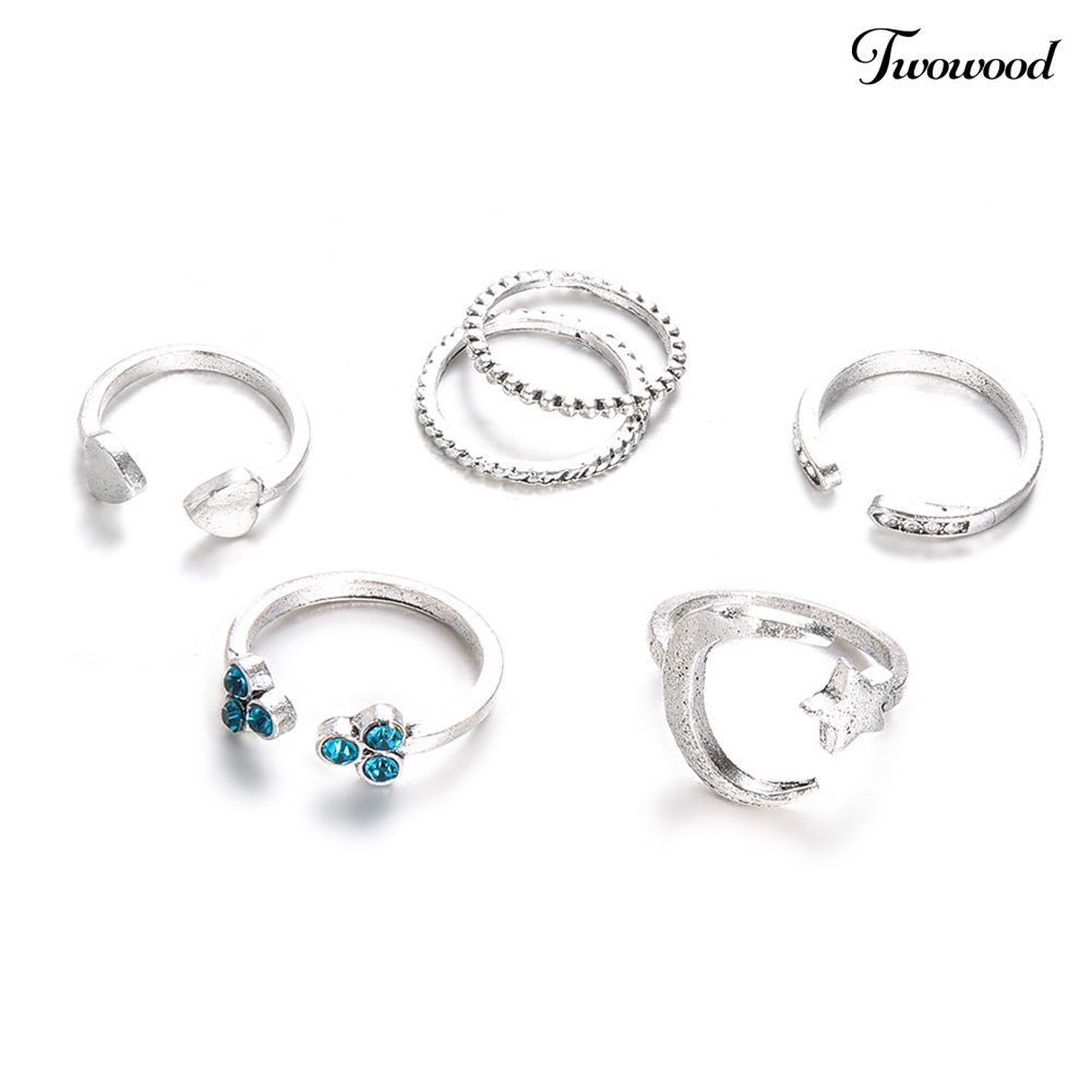 6pcs / Set Cincin Buku Jari Model Terbuka Desain Bulan Bintang Hati Untuk Wanita