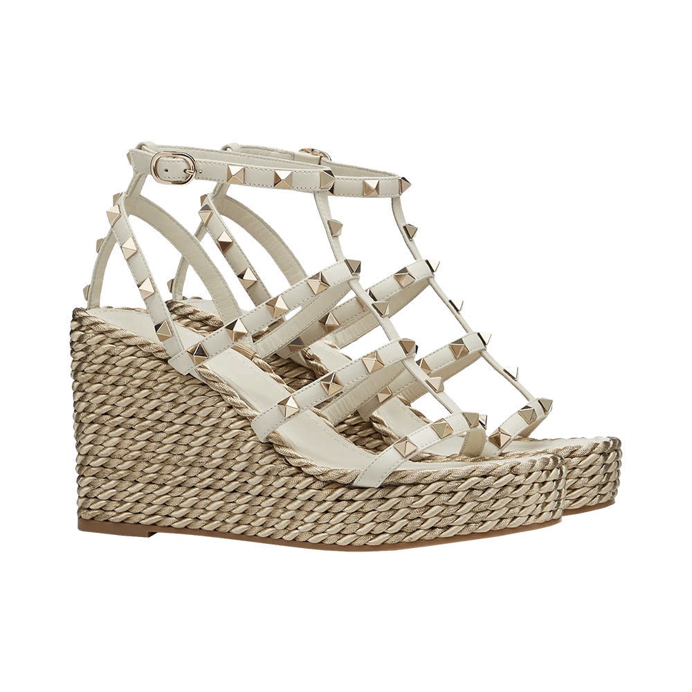 VLTN Garavani Rockstud Strap Wedge Sandal 9.5cm Calf Light Ivory