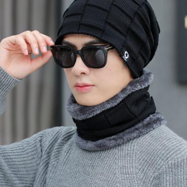 Set Topi Kupluk Tebal Bulu Rajut Scarf Hat Kupluk Bintang Satu Set - Hitam