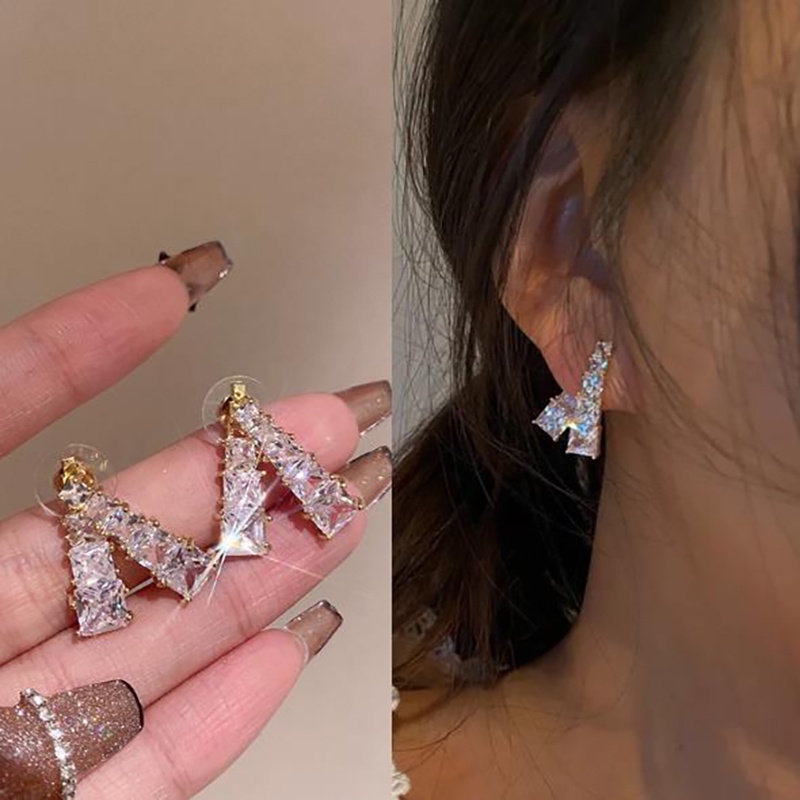 Anting Berlian Imitasi Bentuk Geometris Gaya Korea