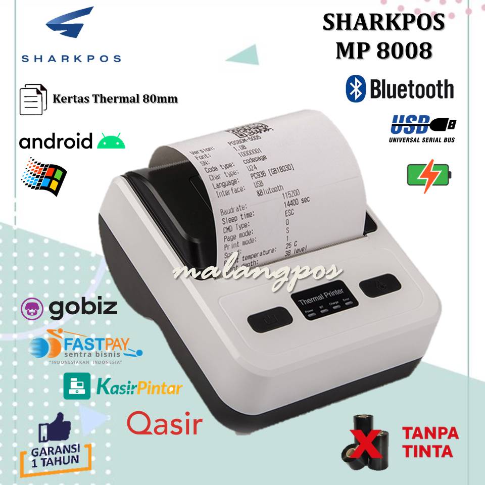 Sharkpos MP8008 Printer Thermal Bluetooth Printer Kasir /PPOB 80mm