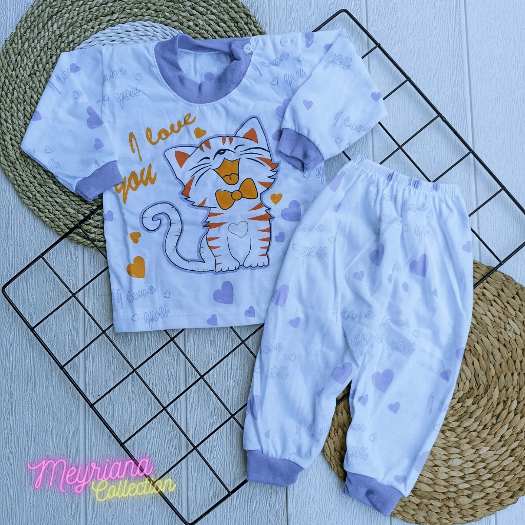 Setelan Piyama Panjang Baju Anak Usia 3-12 Bulan Motif Happy Cat Oblong Kancing Bahu