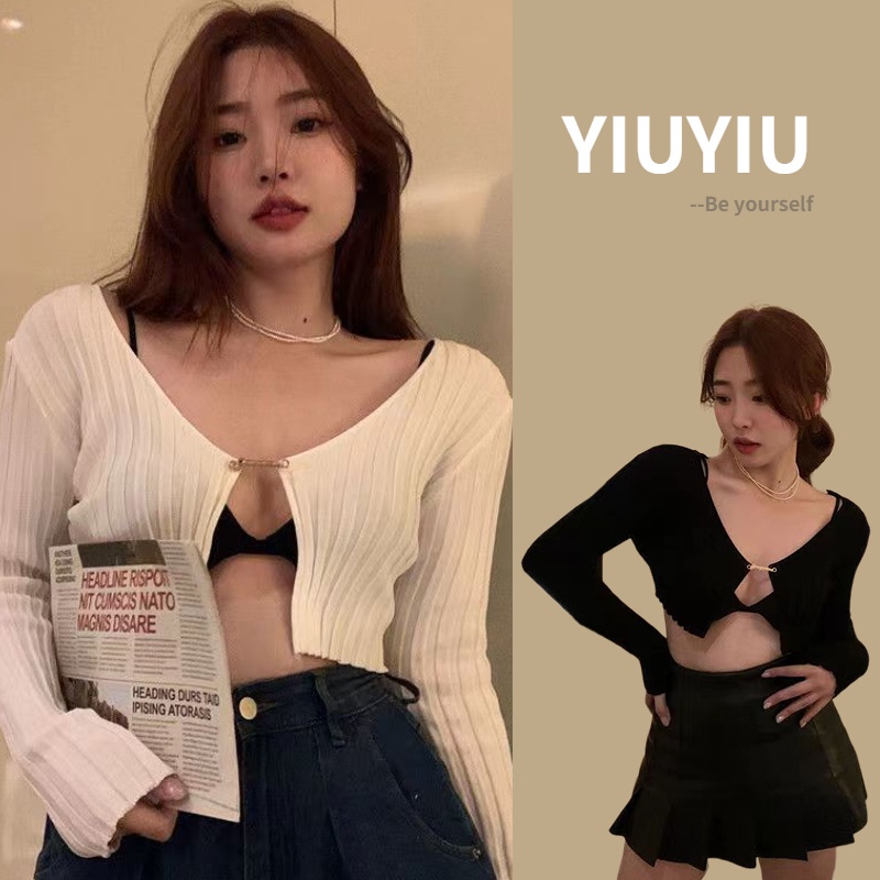 YIU YIU Rajut - Kardigan Wanita Rajut Crop Lengan Panjang Sexy Casual Top