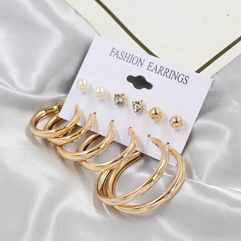 Fancyqube 6 Pasang / Set Anting Bulat Besar Warna Emas Hias Mutiara Kristal Berlian Imitasi