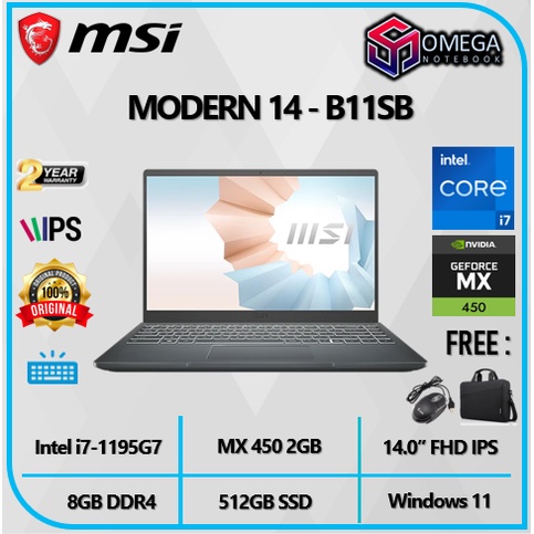 MSI MODERN 14 MX450 2GB - I7 1195G7 8GB 512SSD W10 14.0&quot;FHD IPS Backlit - B11SB