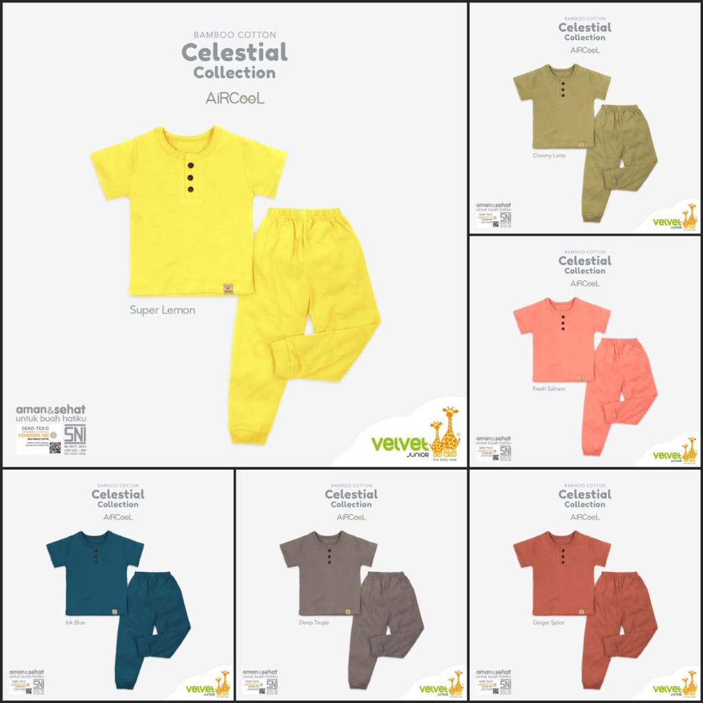 Velvet Junior Bamboo Cotton Celestial Collection Setelan Pendek + Celana Panjang Kancing Dada Unisex