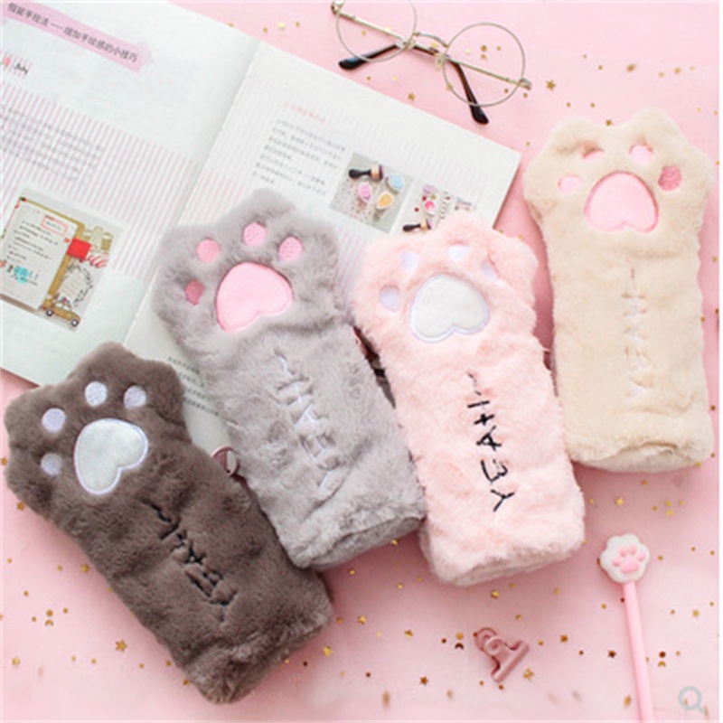 

Cute Cat Paw Pencil Bag Soft Plush Kawaii Makeup Pouch Large Capacity Pencil Case Pen Holder Station