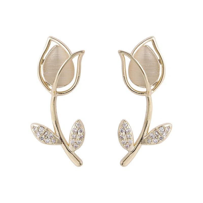 YEEZII Anting Kalung Rantai Desain Bunga Tulip Aksen Mutiara Permata Warna Emas Silver Gaya Korea Untuk Wanita