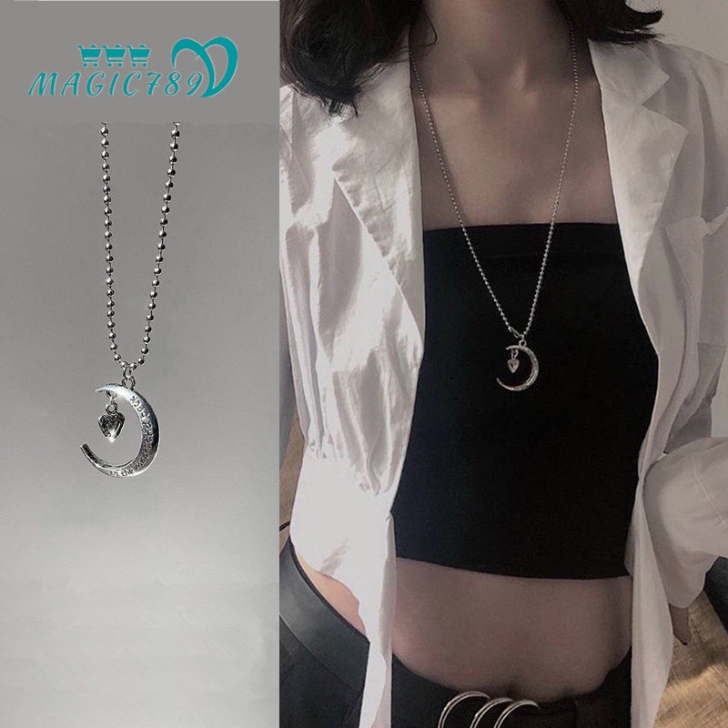 Magic789 Kalung Rantai Panjang Liontin Hati / Bulan Sabit / Manik-Manik Silver Gaya Punk Untuk Pria / Wanita