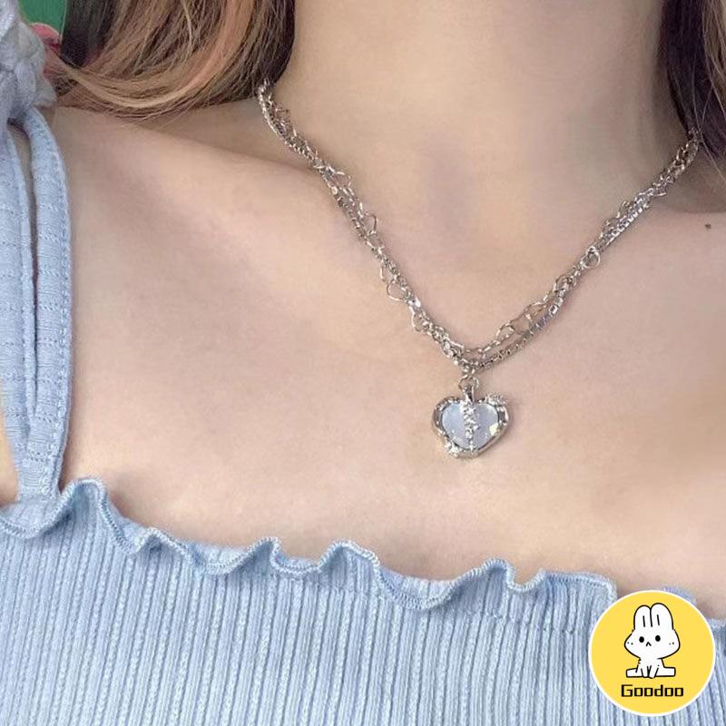 Kalung Rantai Multilayer Liontin Hati Aksen Zircon Untuk Perhiasan Wanita -Doo