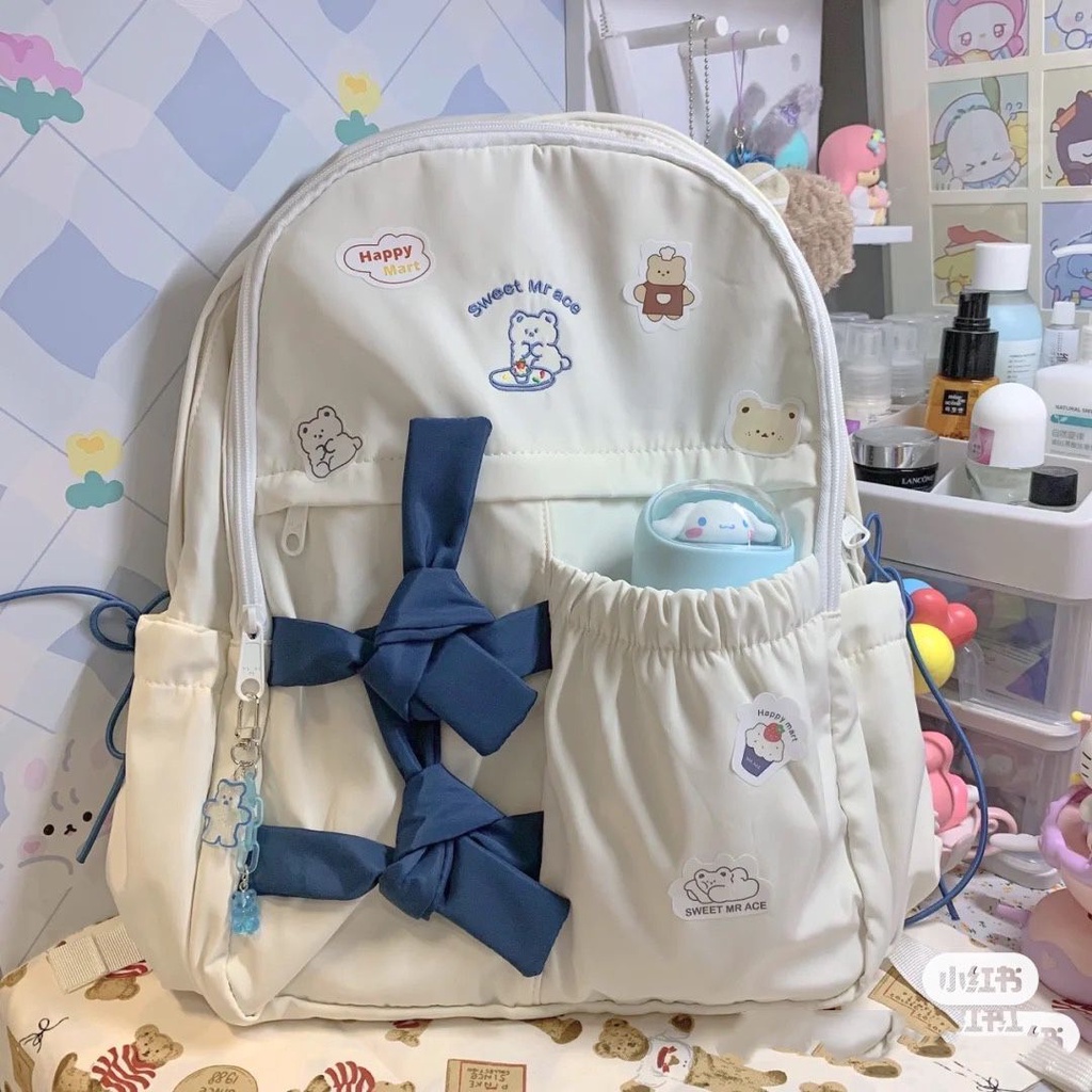 ▣mrace happy market toffee backpack perempuan lucu busur tas sekolah siswa sekolah menengah atas ransel khusus