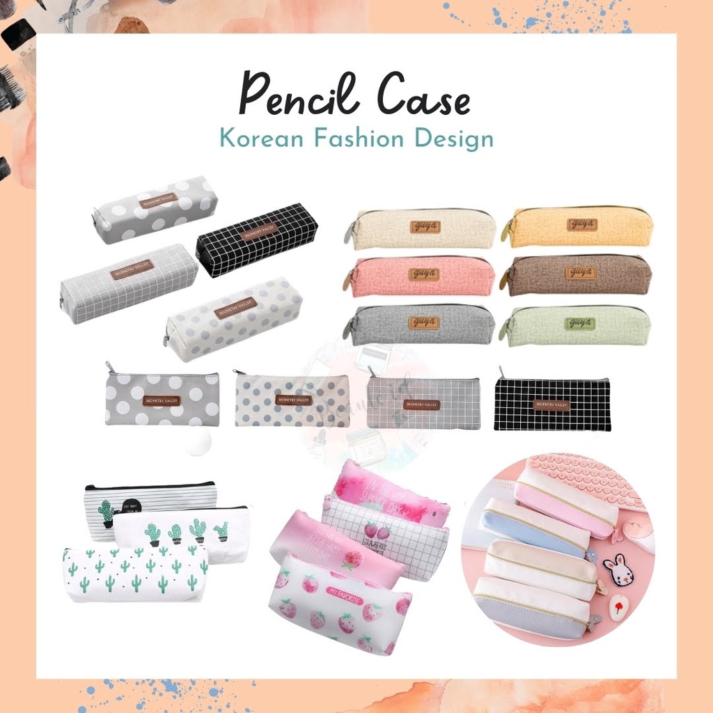 Kotak Pensil Tepak Korea Design Wadah Alat Tulis Pulpen Gunting Penggaris Bahan Canvas / Kulit PU Warna Lucu Polkadot Geometry Kotak Untuk Anak Dewasa Serbaguna Penyimpanan Make Up Pencil Case Stationary Sekolah Kantor