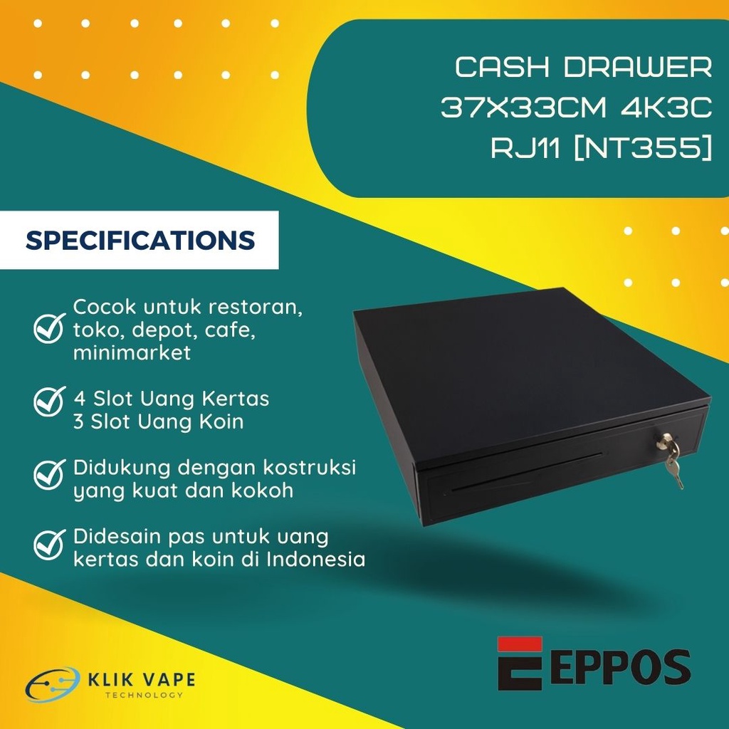 [PROMO TERMURAH] Cash Drawer Laci kasir Laci Uang 37x33CM 4K3C RJ11 [NT355] KlikVape Bandung