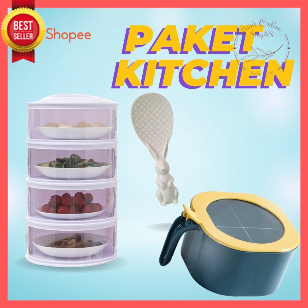 GOS - PAKET KITCHEN 3in1 TUDUNG SAJI 4 SUSUN + TEMPAT BUMBU 4in1 + CENTONG KELINCI