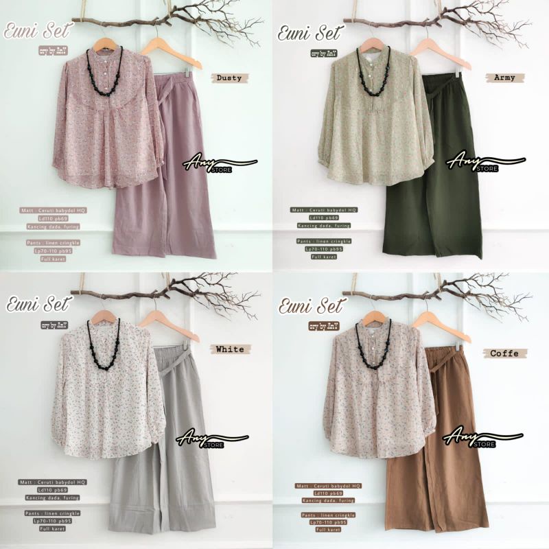 Setelan Wanita Atasan Tunik Ceruty Babydoll Kulot Linen Crinkle EUNI SET BY ANY