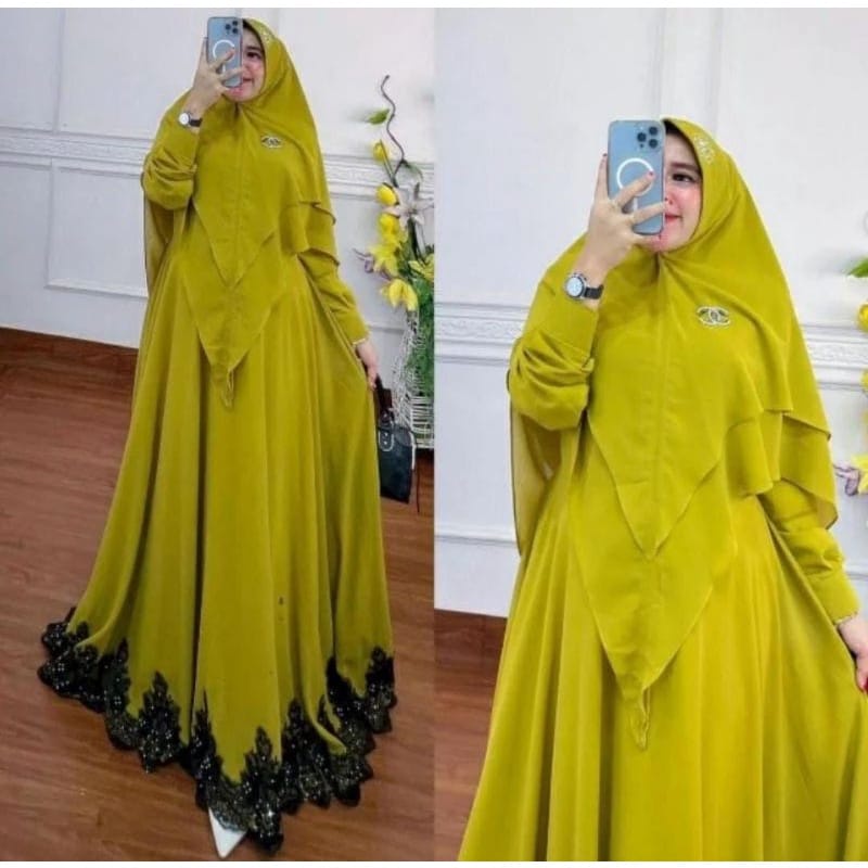 Baju Syari Terbaru 2022 Gamis Set Jilbab Rabiya Syari Khimar 2 Layer Setelan Wanita Muslim Jumbo Ceruty Babydoll Aplikasi Renda