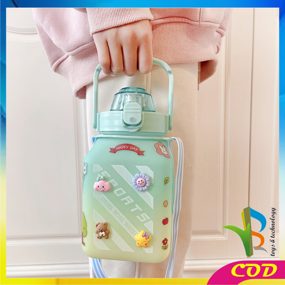 RB-C468 Botol Minum Anak Gemoy Kotak 1500ML Warna Gradasi Bottle Tumblr Sedotan dan Tali Panjang BPA FREE