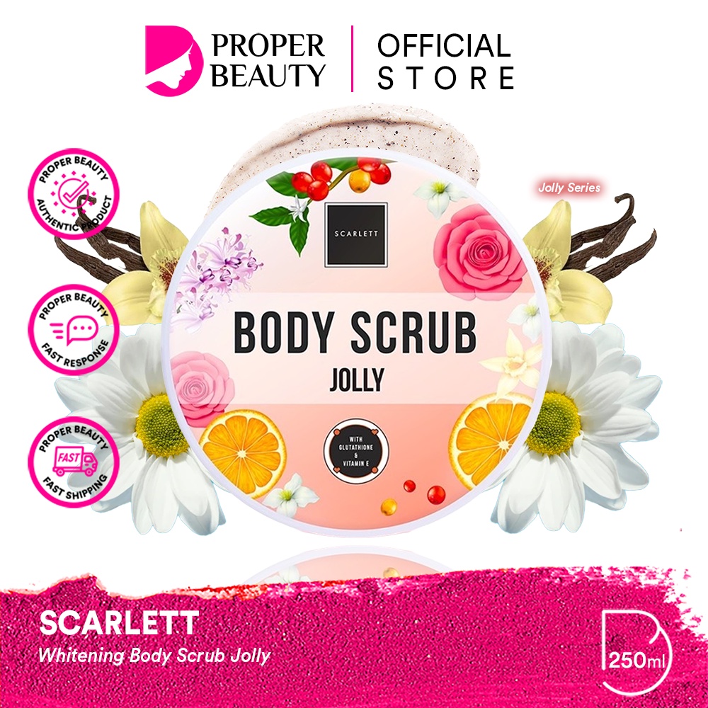 SCARLETT Whitening Brightening Body Scrub Jolly Indonesia / 250ml / By Felicya Angelista / With Glutathione &amp; Vitamin E / Body Care / Perawatan Kulit Tubuh / Moisturizer Shower / Sabun Mandi Lulur Eksfoliating Exfoliasi Peeling / Skincare Series Paket Set