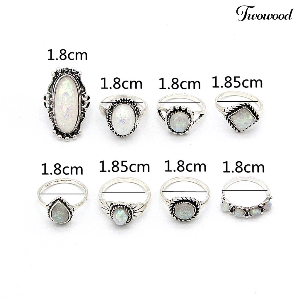 8pcs / Set Cincin Knuckle Bentuk Kotak Stackable Warna Silver Aksen Permata Imitasi Gaya Etnik