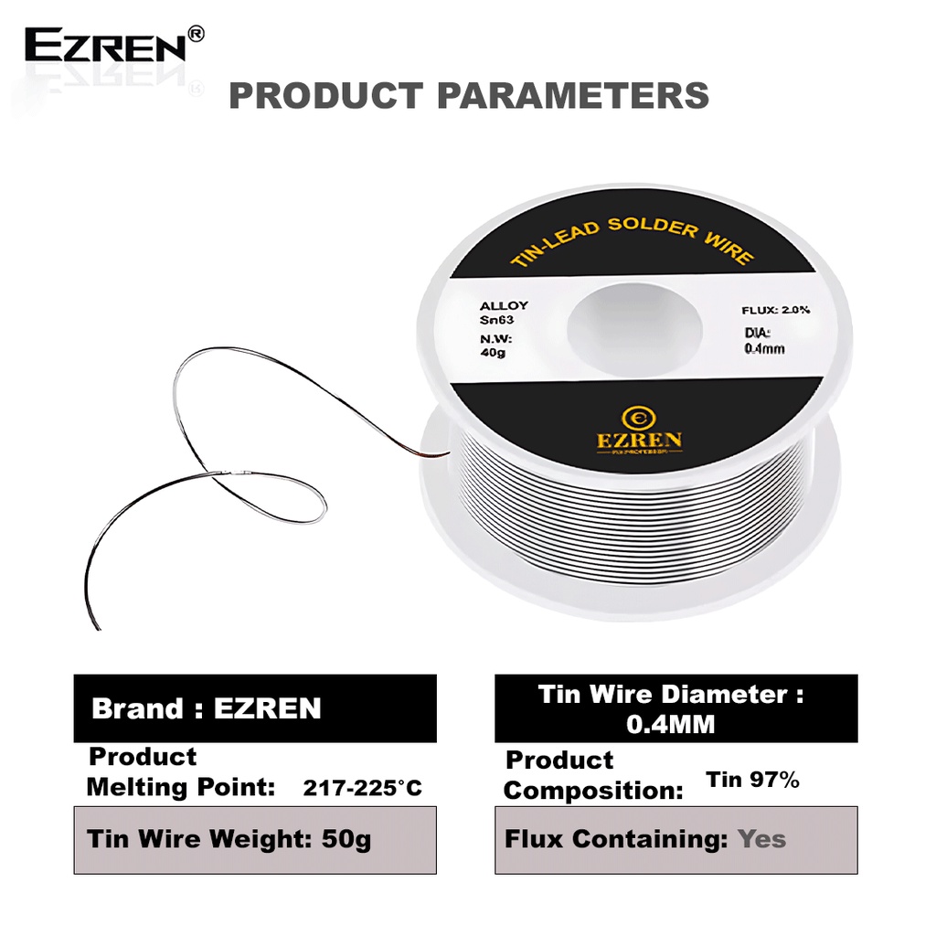 Ezren Timah Gulung Solder Kawat Las Rosin Core Tin Flux 2.0% 0.4mm
