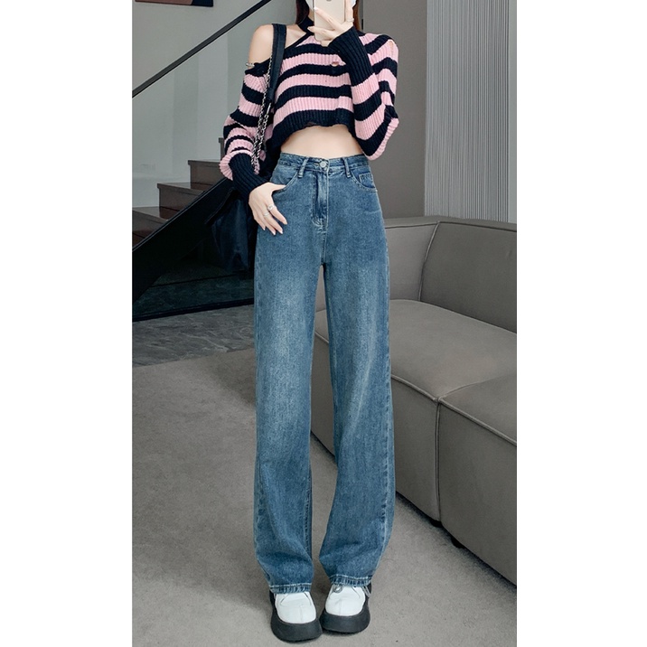 Import Biru Retro Serbaguna Celana Jeans Wanita High Waist Loose