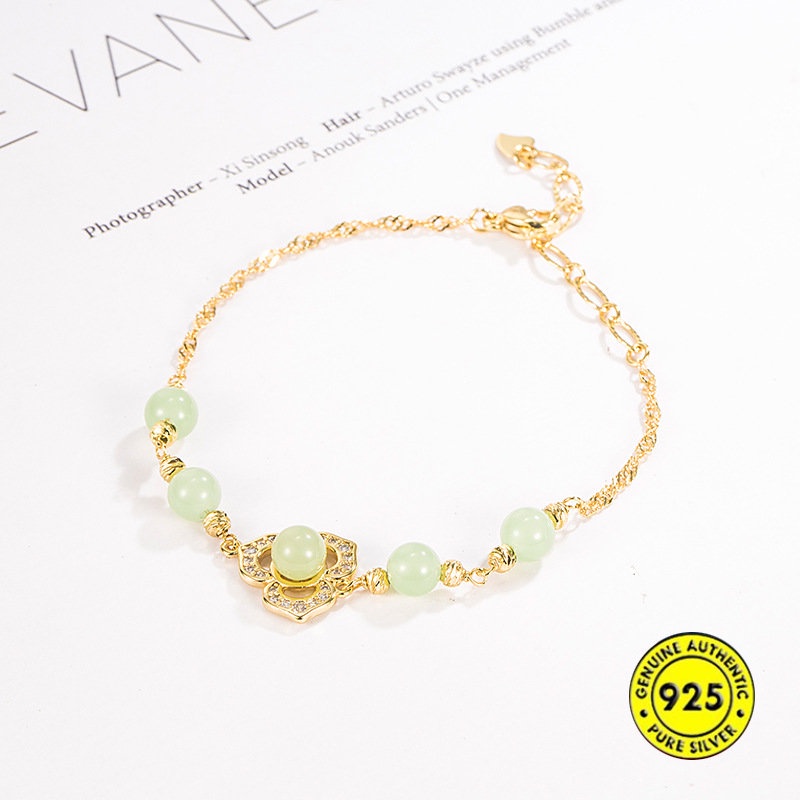 Gelang Tangan Manik-Manik Batu Jade Hetian Clover Hias Berlian Imitasi Untuk Wanita U1354