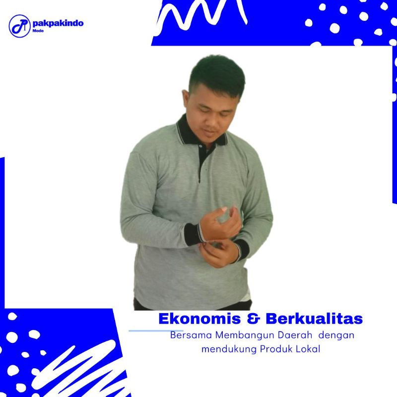 BAJU KAOS POLO KERAH ABU-ABU ROKOK KOMBINASI HITAM LENGAN PANJANG PRIA WANITA