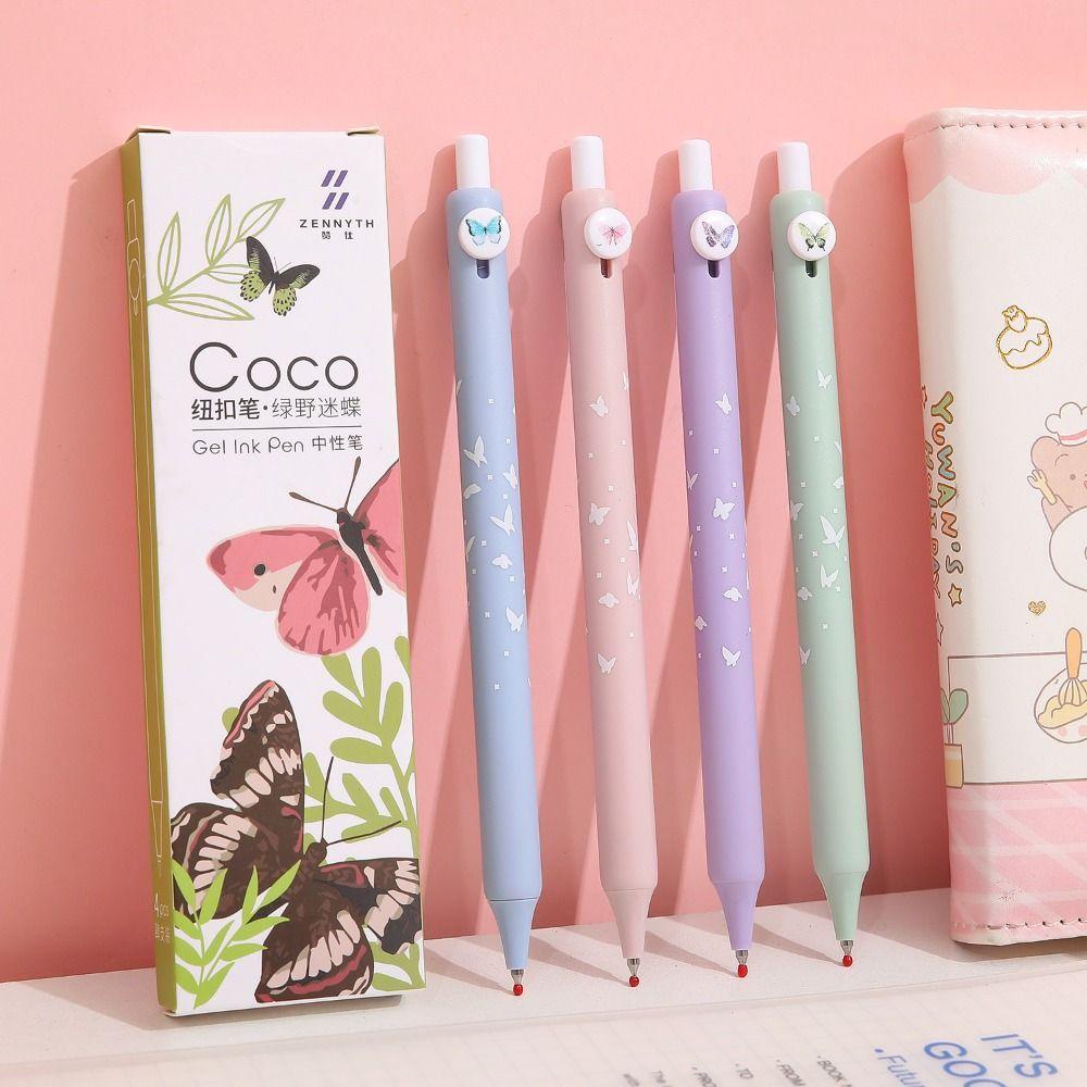 Top 4PCS/Set Gel Pulpen Kreatif Alat Tulis Mutil-styles Kupu-Kupu Tombol Alat Tulis Tinta Hitam Tekan Tipe Tanda Tangan Pulpen