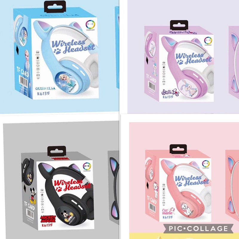 HEADPHONE/HEADSET BANDO LED WARNA WARNI BLUETOOTH/WIRELESS type K6135 Motif Frozen/Cat marie/RAbbit/Mickey