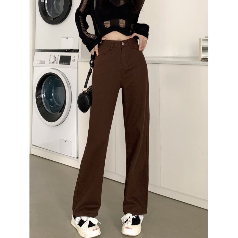 Coklat Highwaist Loose Straight Celana Jeans Panjang Wanita