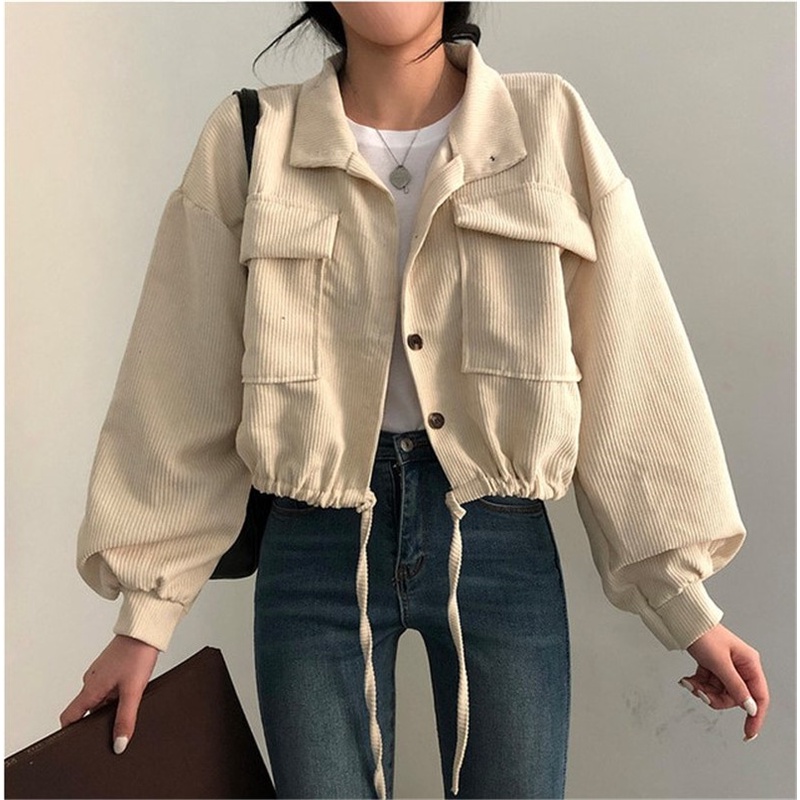 XIAOZHAINV Jaket Corduroy Wanita Korean Style Lengan Panjang Crop Top