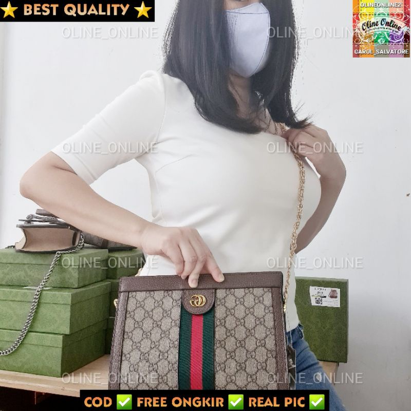 tas wanita clutch medium selempang merah hijau brown red green coklat gift set gift box kecil sedang kotak logo klasik gg persegi panjang ophidia shoulder bag gc