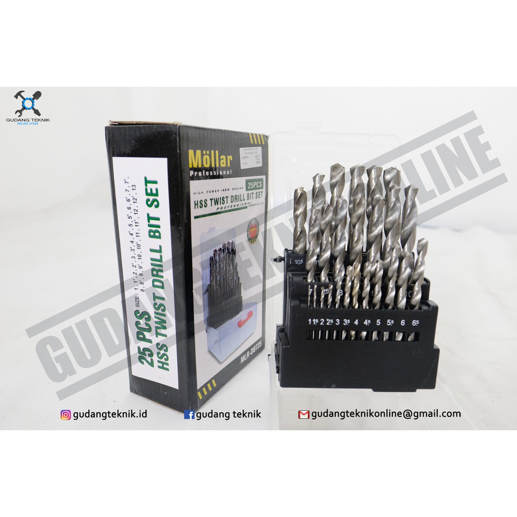 Mata Bor Besi HSS 1 SET isi 25Pcs Ukuran 1-13mm MLR-DBT25 MOLLAR / HSS Twist Drill Bit 1-13mm SET 25 Pcs MLR DBT25 MOLLAR